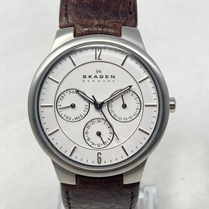 Skagen Watch Men 36mm Silver Tone Slim Day Date Brown Leather New Battery 9.5"